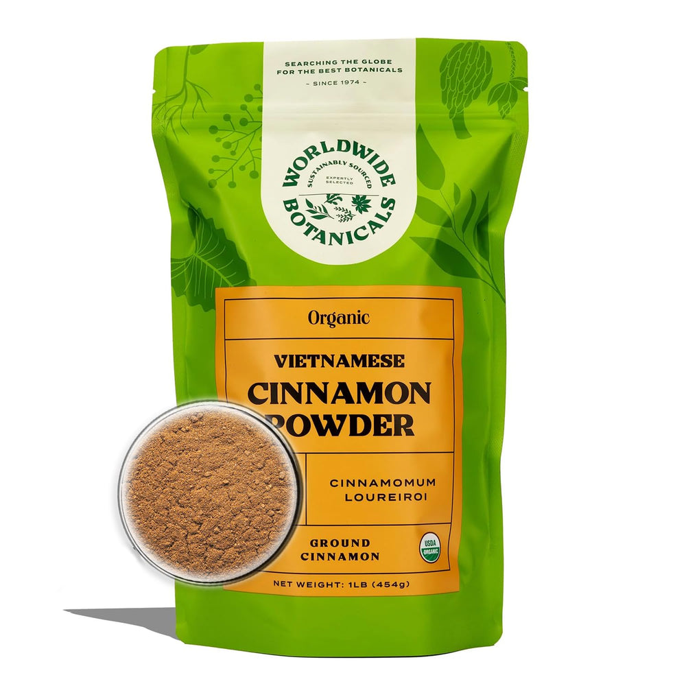 Worldwide Botanicals Vietnamese cinnamon powder jar highlights rich aroma for baking