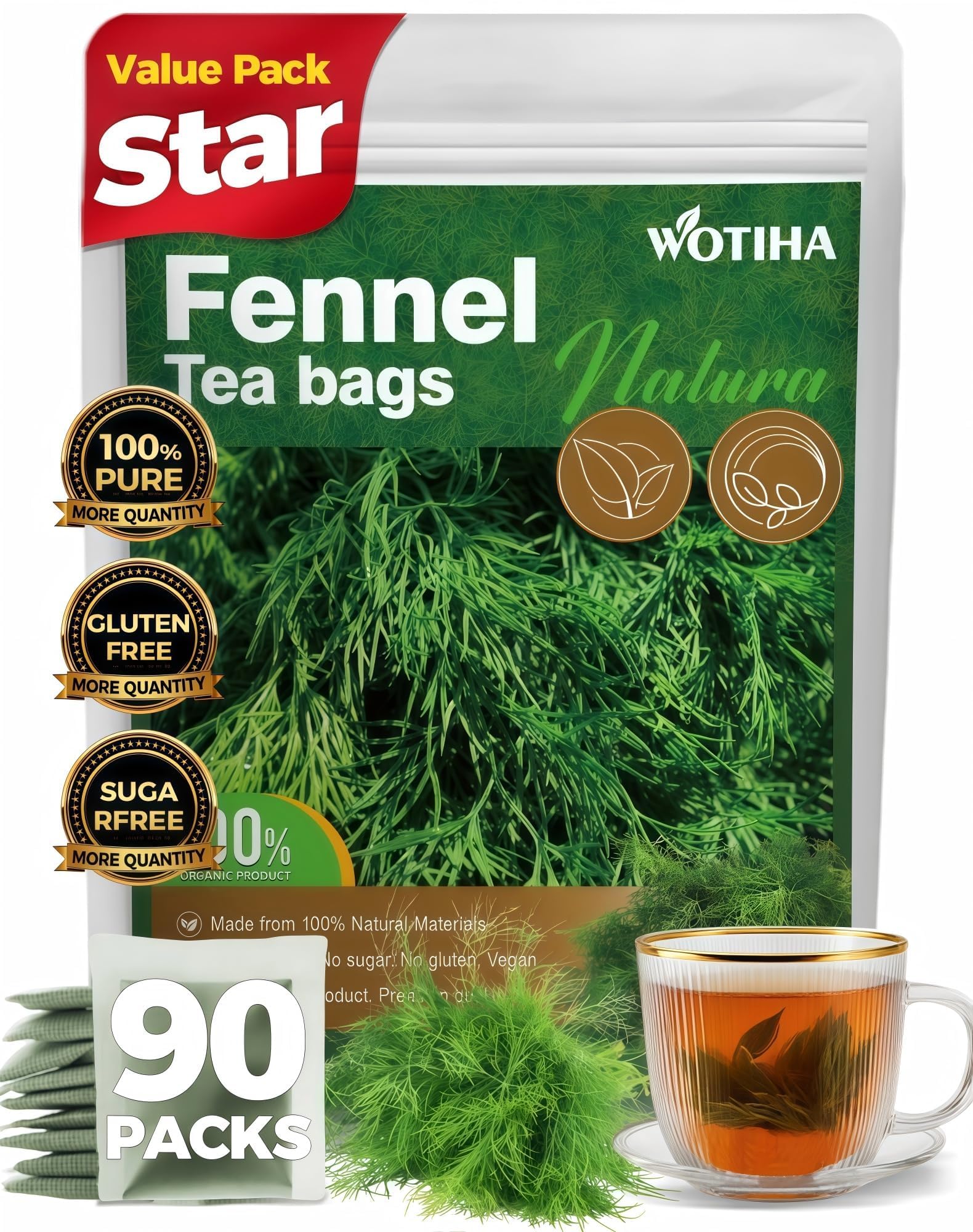 WOTIHA fennel tea bags 90-count pack for daily soothing herbal tea