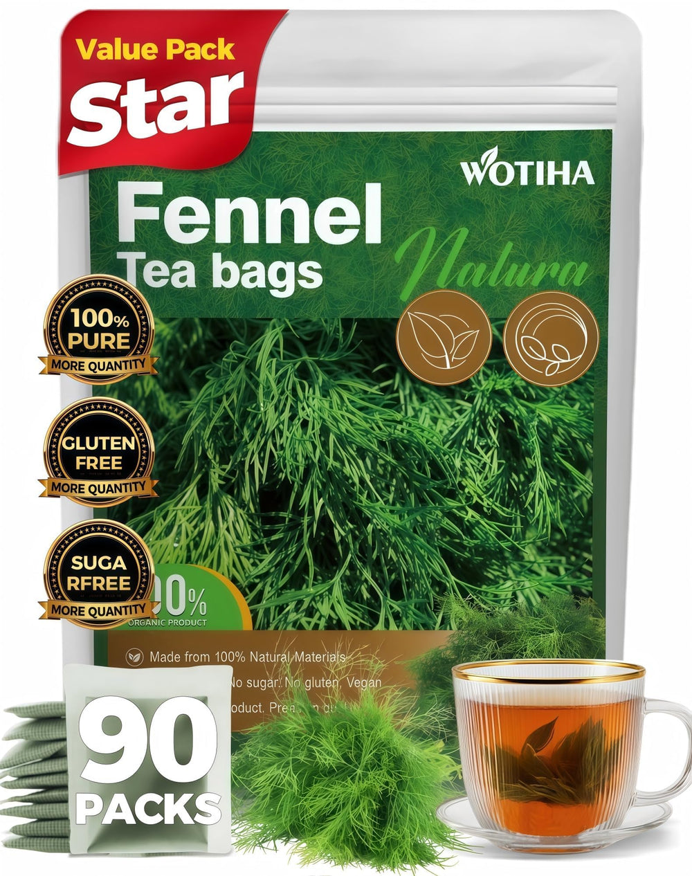 WOTIHA fennel tea bags 90-count pack for daily soothing herbal tea