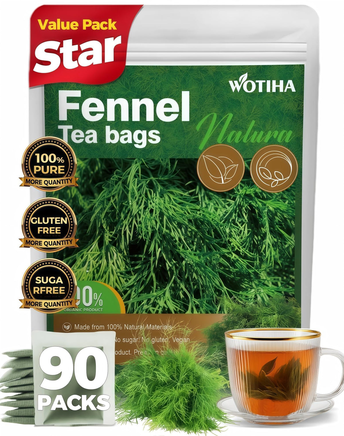 WOTIHA fennel tea bags 90-count pack for daily soothing herbal tea