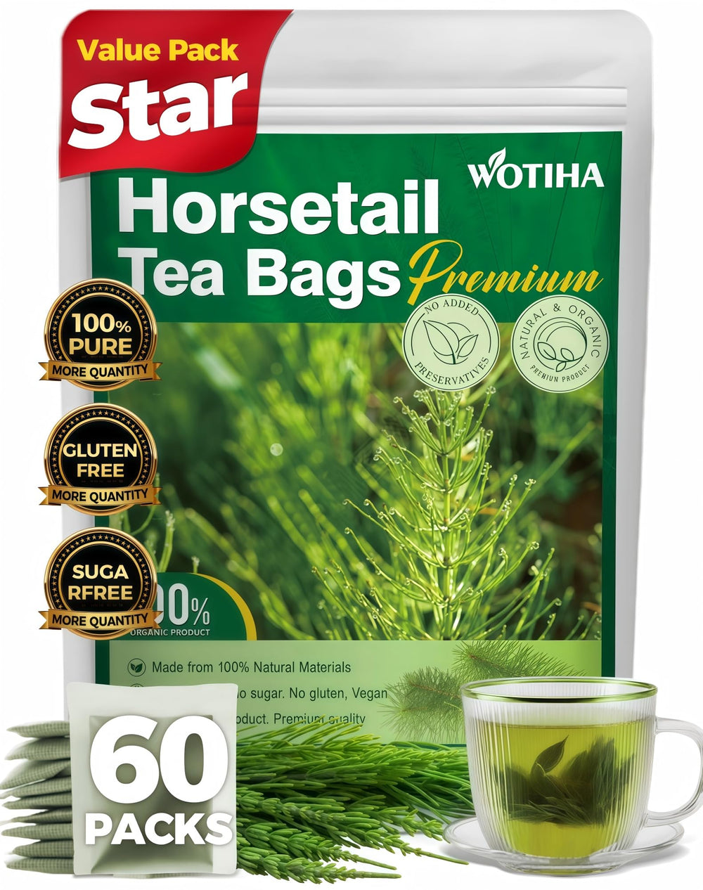 WOTIHA Horsetail Tea Bags in resealable packaging for lasting freshness.