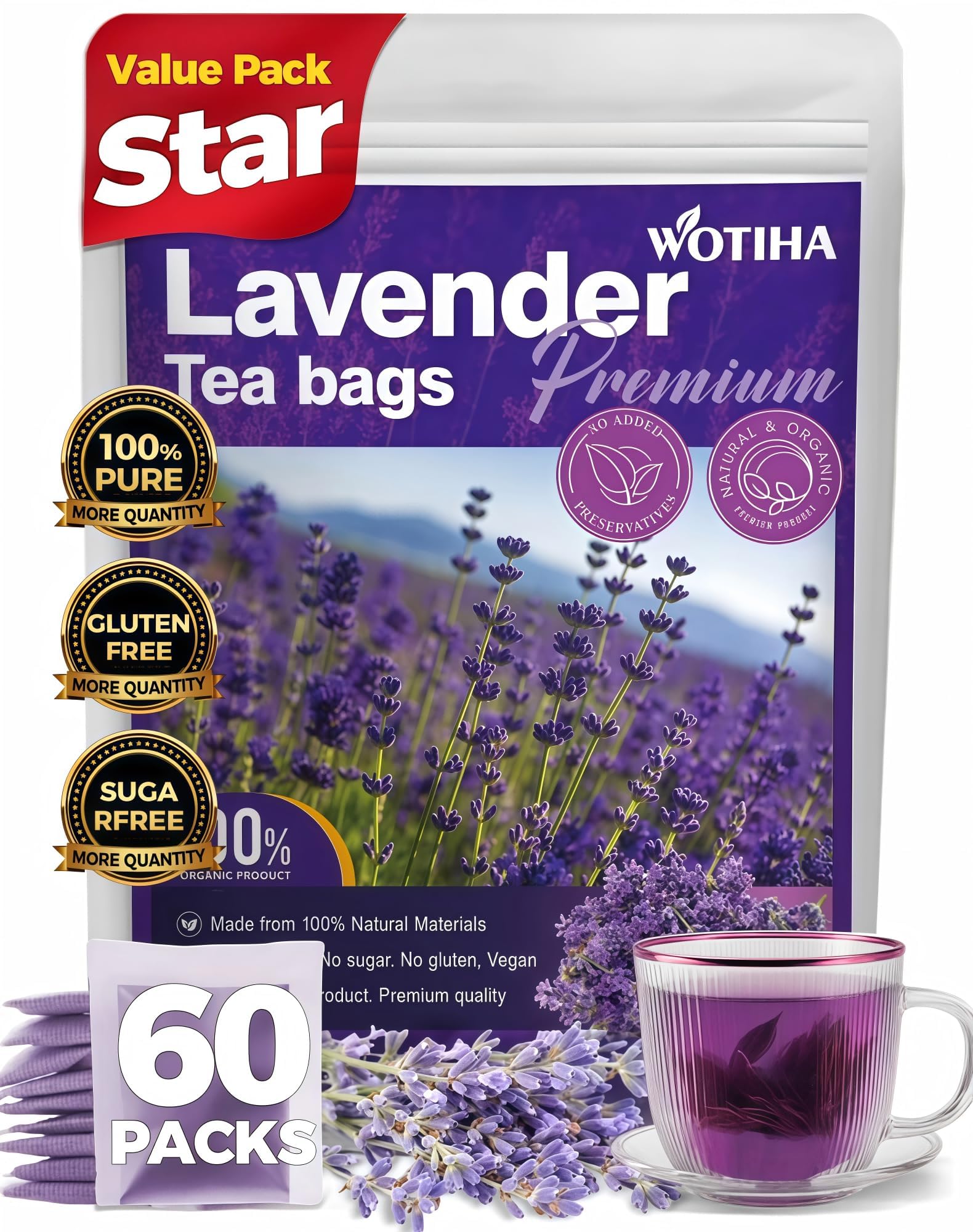 WOTIHA lavender tea bags 60-count for daily calm and sleep support