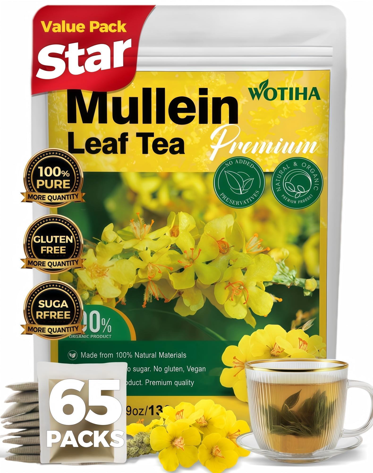 WOTIHA mullein tea bags 65-count on display for daily use