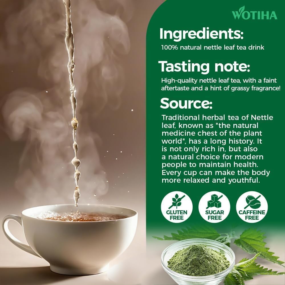Hot cup of WOTIHA nettle tea brewing with steam