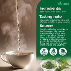 Hot cup of WOTIHA nettle tea brewing with steam