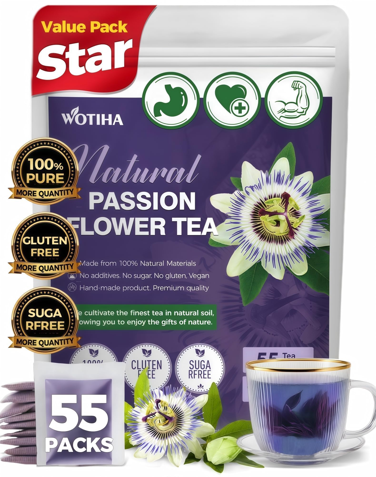 WOTIHA passion flower tea bags ready for a calming evening brew.