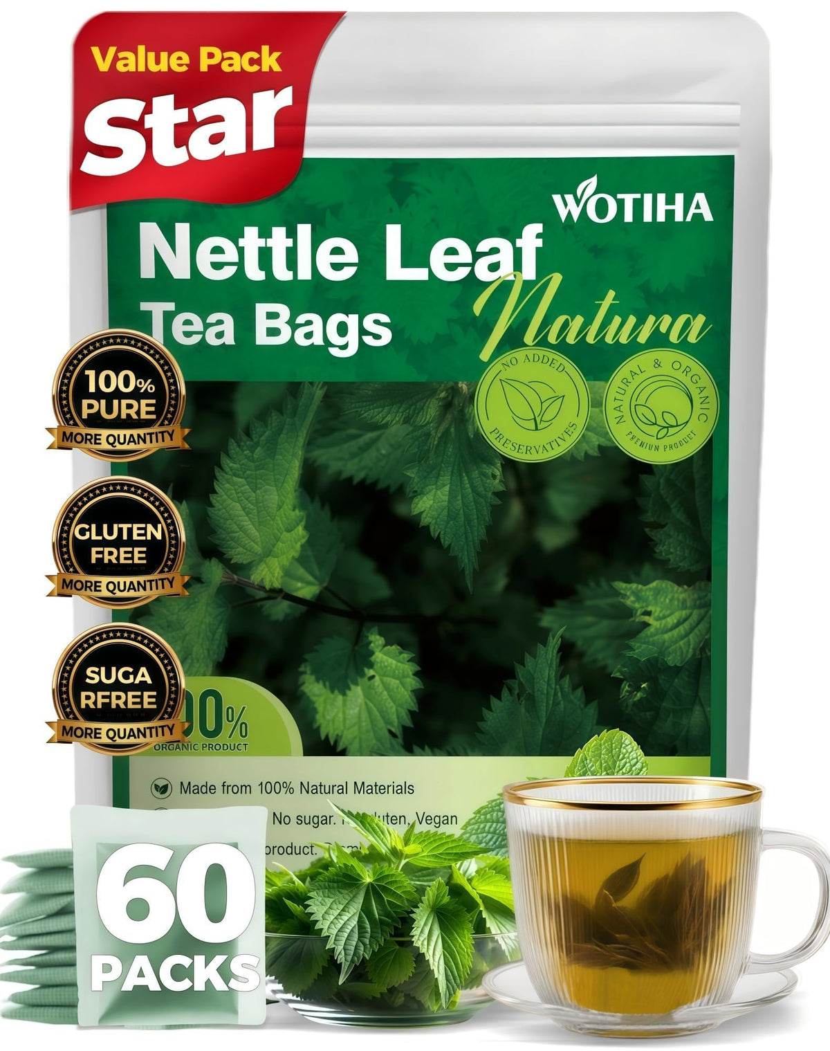 WOTIHA premium nettle tea bags in a 60-count box for caffeine-free daily sipping