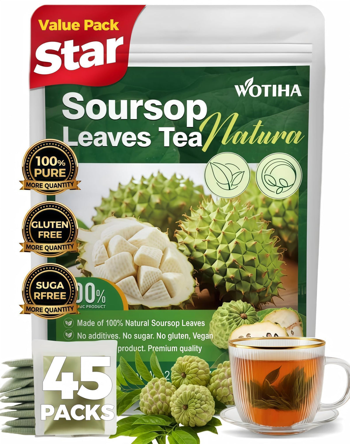 WOTIHA 45-count soursop tea bags packaging for daily use.