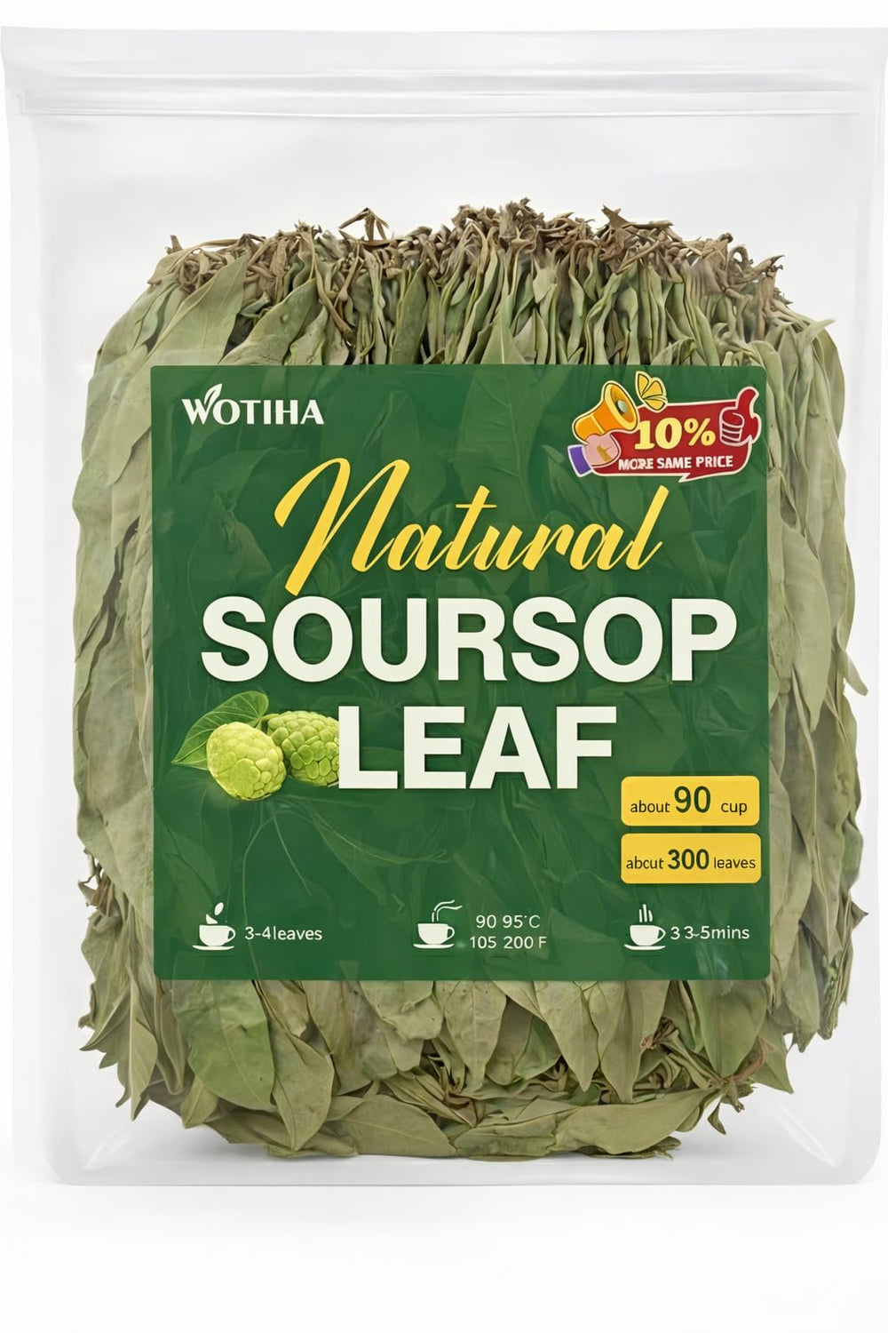 WOTIHA whole green soursop leaves bag showing premium leaves for rich infusions