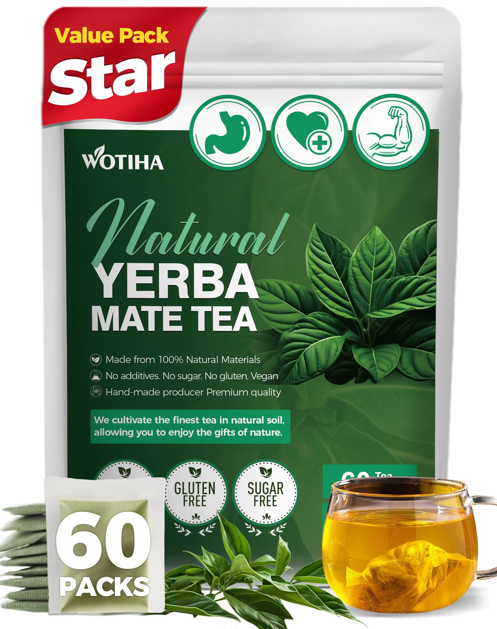 WOTIHA Yerba Mate tea bags in packaging for quick energy at home.