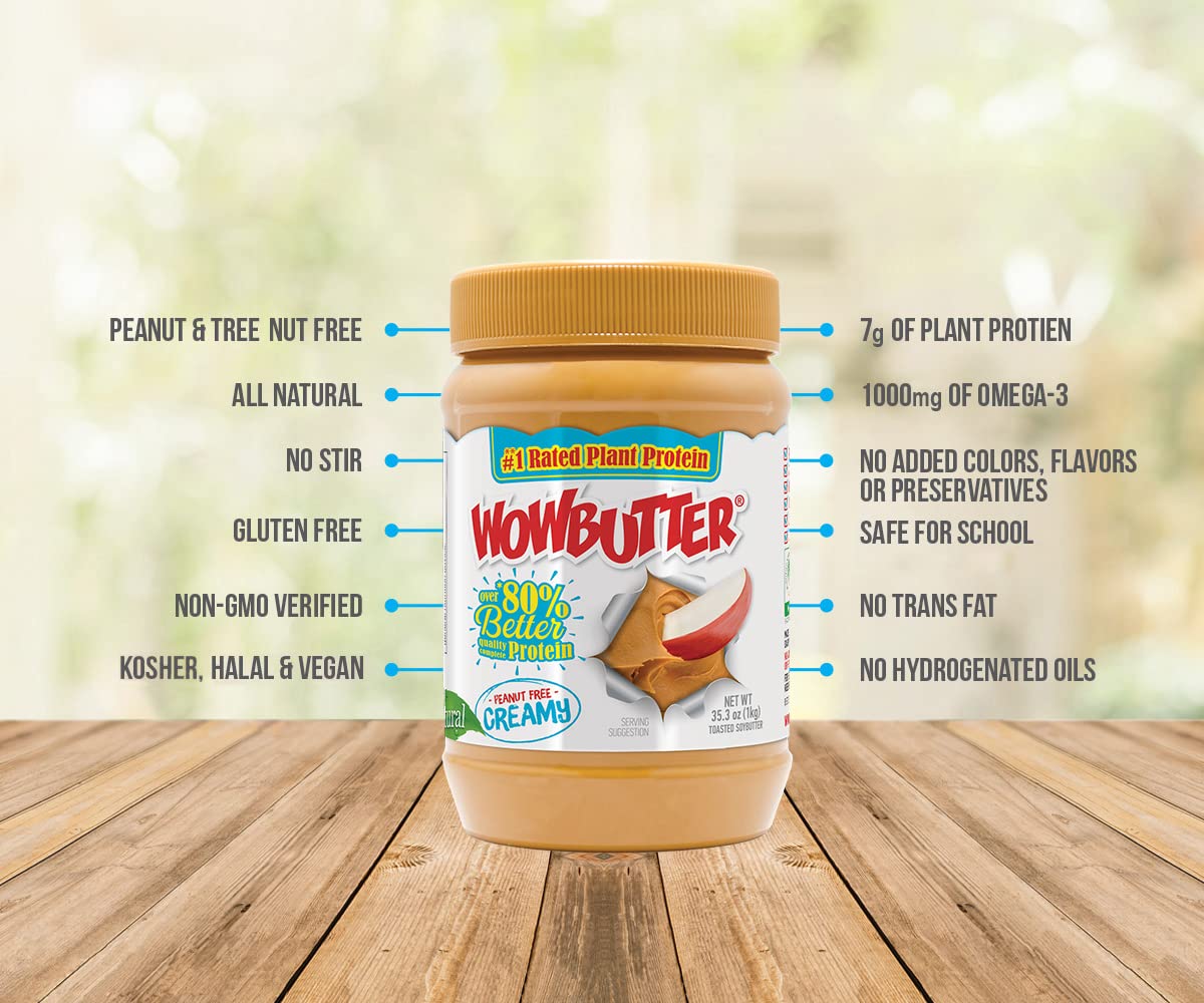 WOWBUTTER nutrition graphic emphasizes protein richness with lower added sugar.
