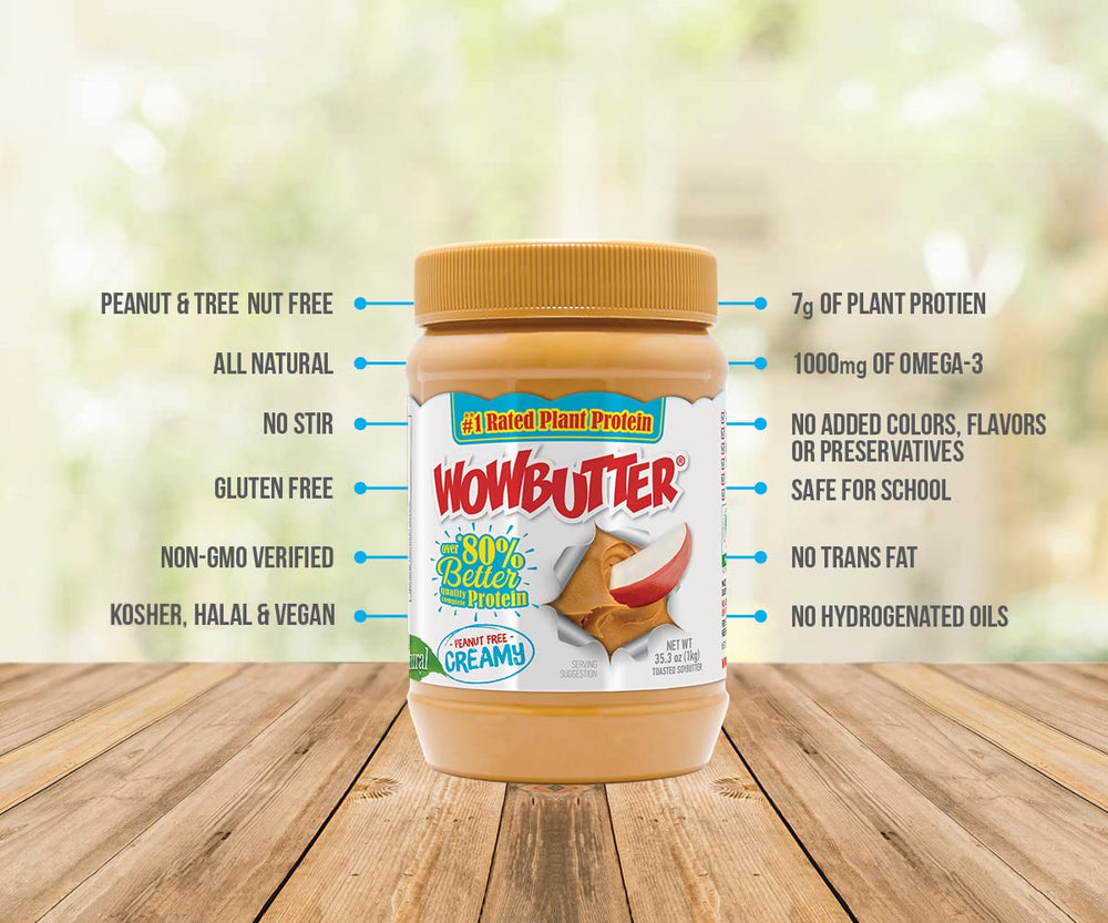 WOWBUTTER nutrition graphic emphasizes protein richness with lower added sugar.