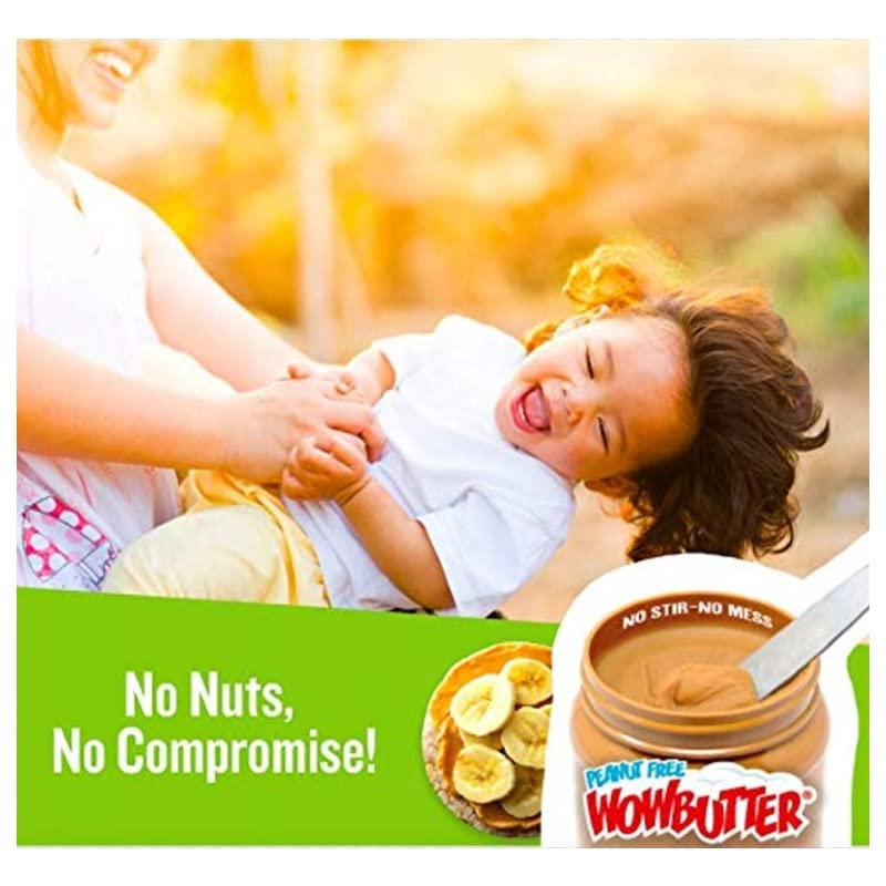 WOWBUTTER jar close-up showing omega-3 and soy protein content