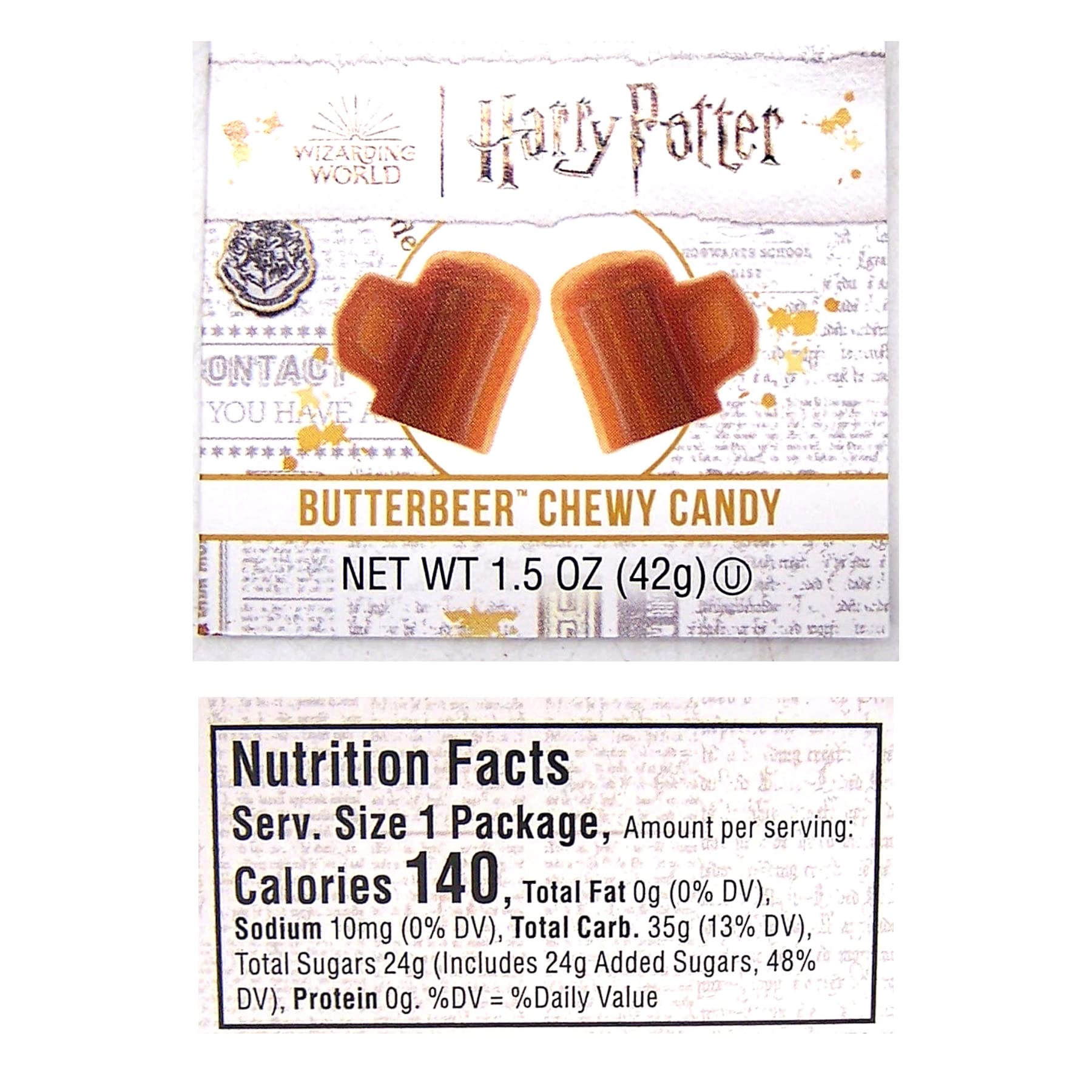 Wowser Harry Potter Butterbeer candy close-up texture and chewy bite.