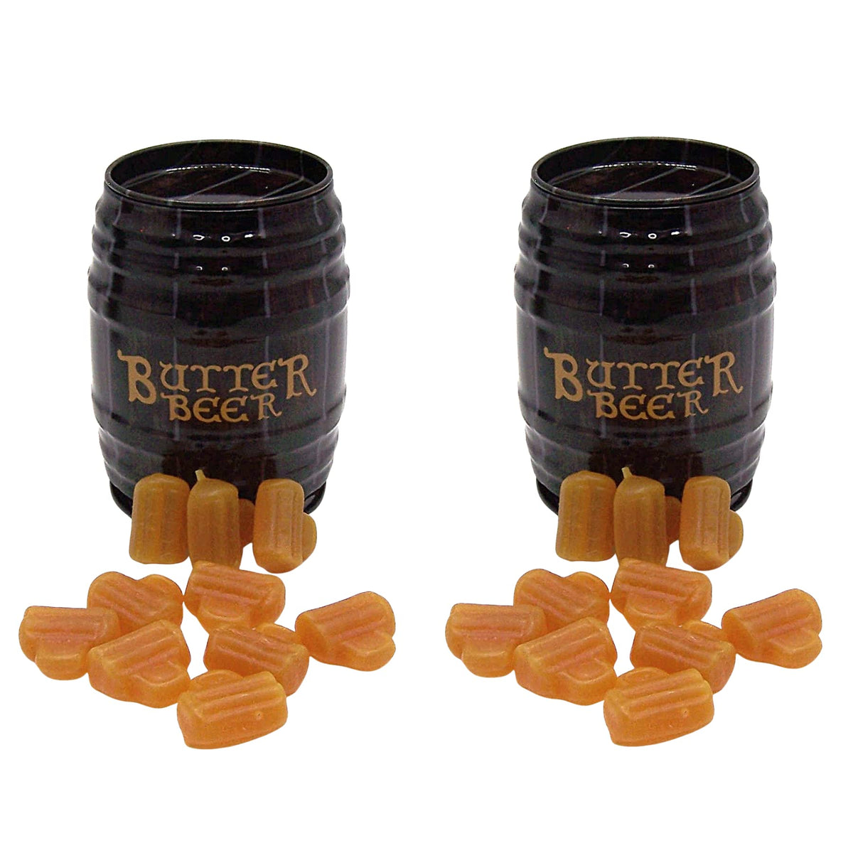 Wowser Butterbeer chewy candy in barrel tin, two 1.5 oz tins, ideal Potterhead gift.