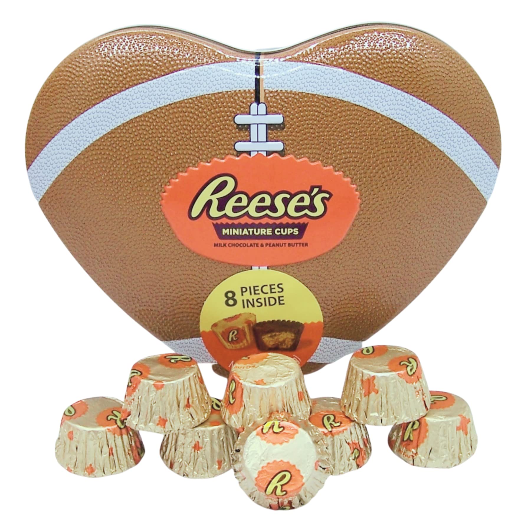 Wowser Valentine’s football heart tin with Reese’s Cups for sharing on game day.
