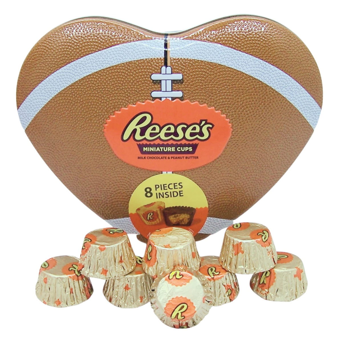 Wowser Valentine’s football heart tin with Reese’s Cups for sharing on game day.