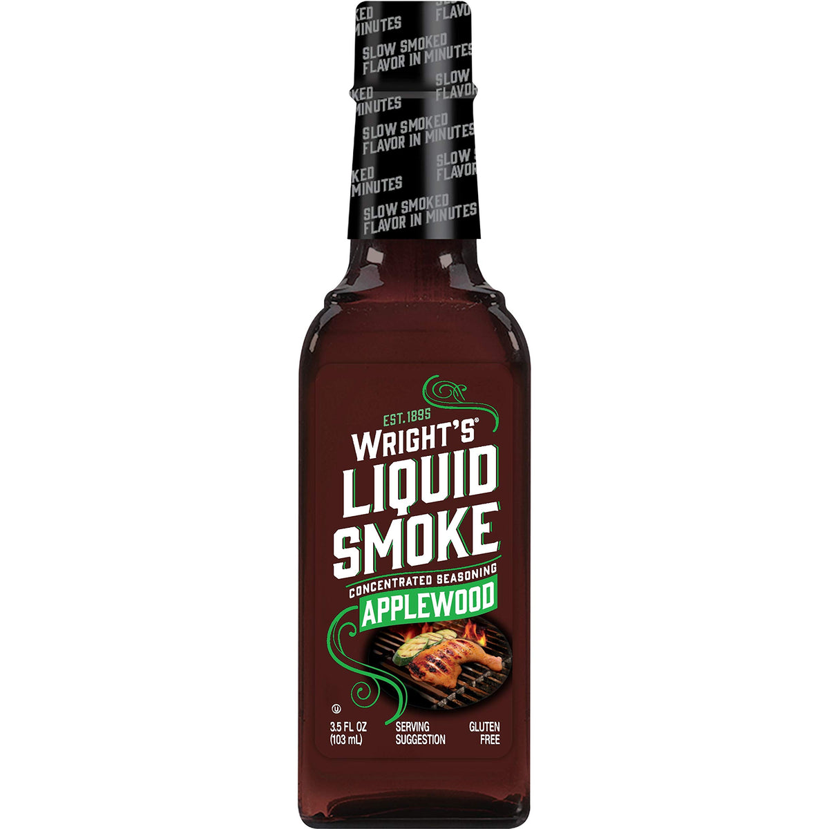 Wright's Liquid Smoke Applewood bottle enhances marinades with rich smoky aroma.