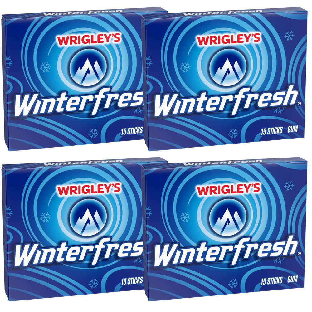 Wrigley Winterfresh gum box front, ideal for on-the-go minty refreshment.