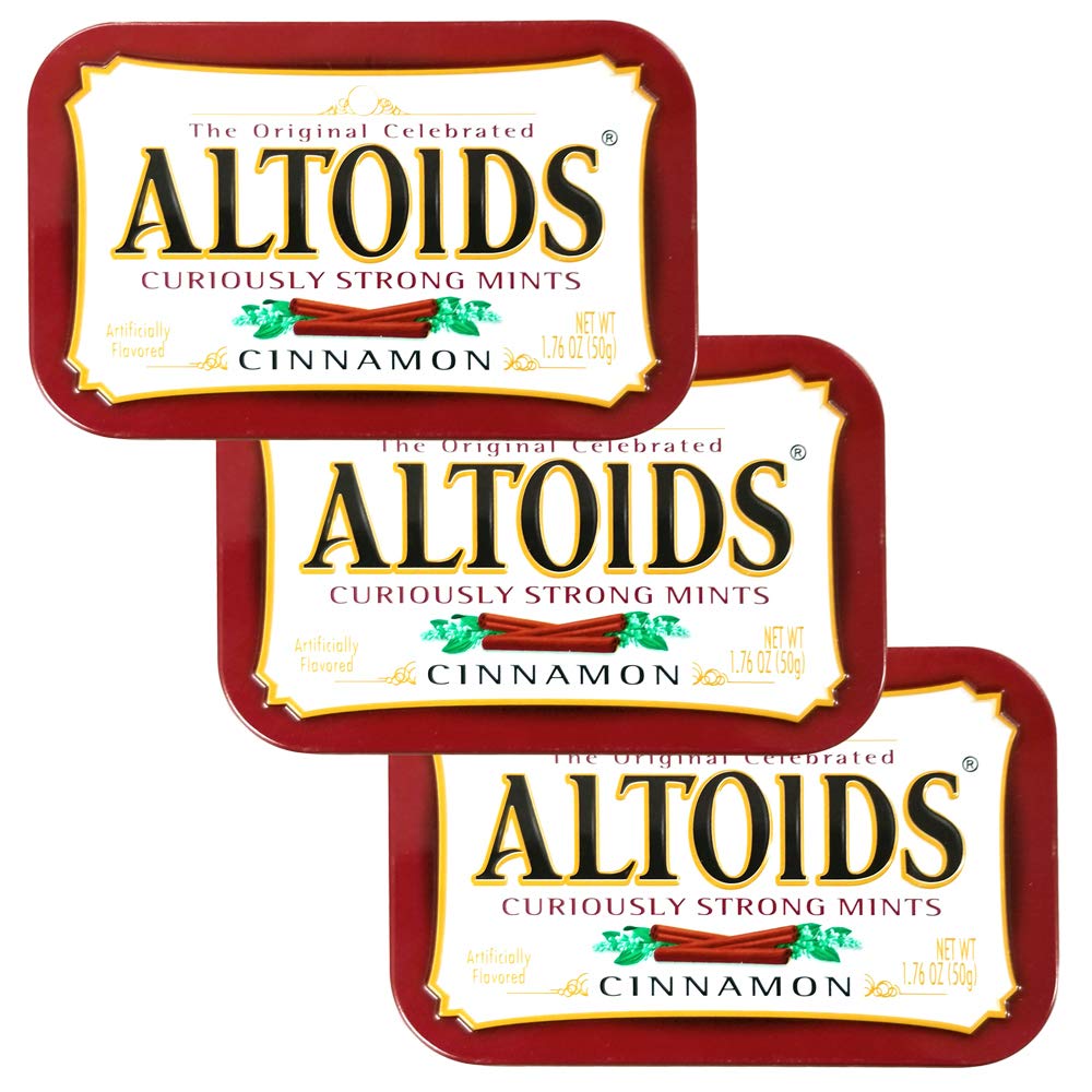 Wrigley's Altoids Cinnamon mints front view for on-the-go freshness.