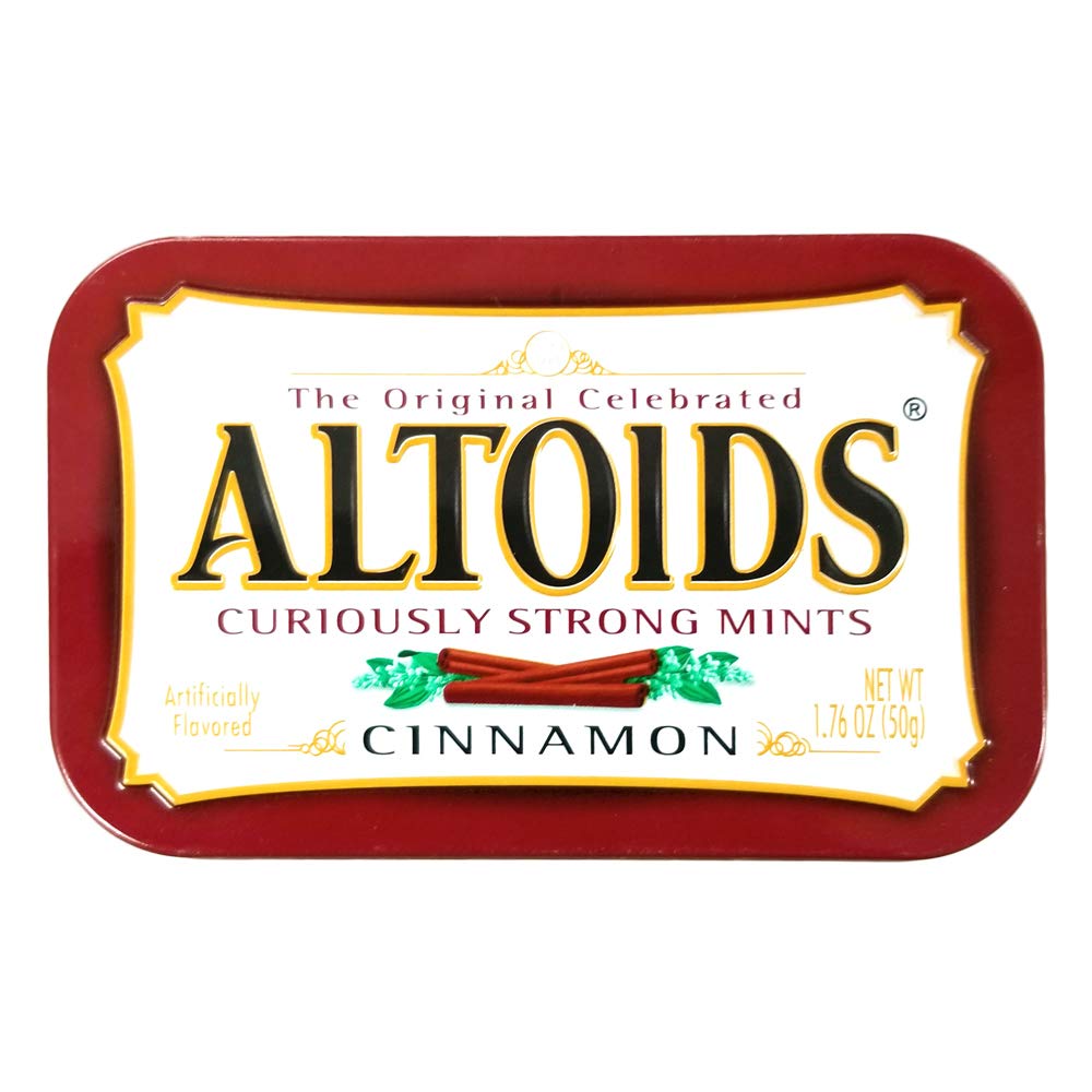 Wrigley's Altoids Cinnamon tins side view shows compact carry.