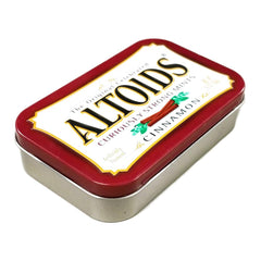 Wrigley's Altoids Cinnamon tin close-up with branding and aroma-ready lid.