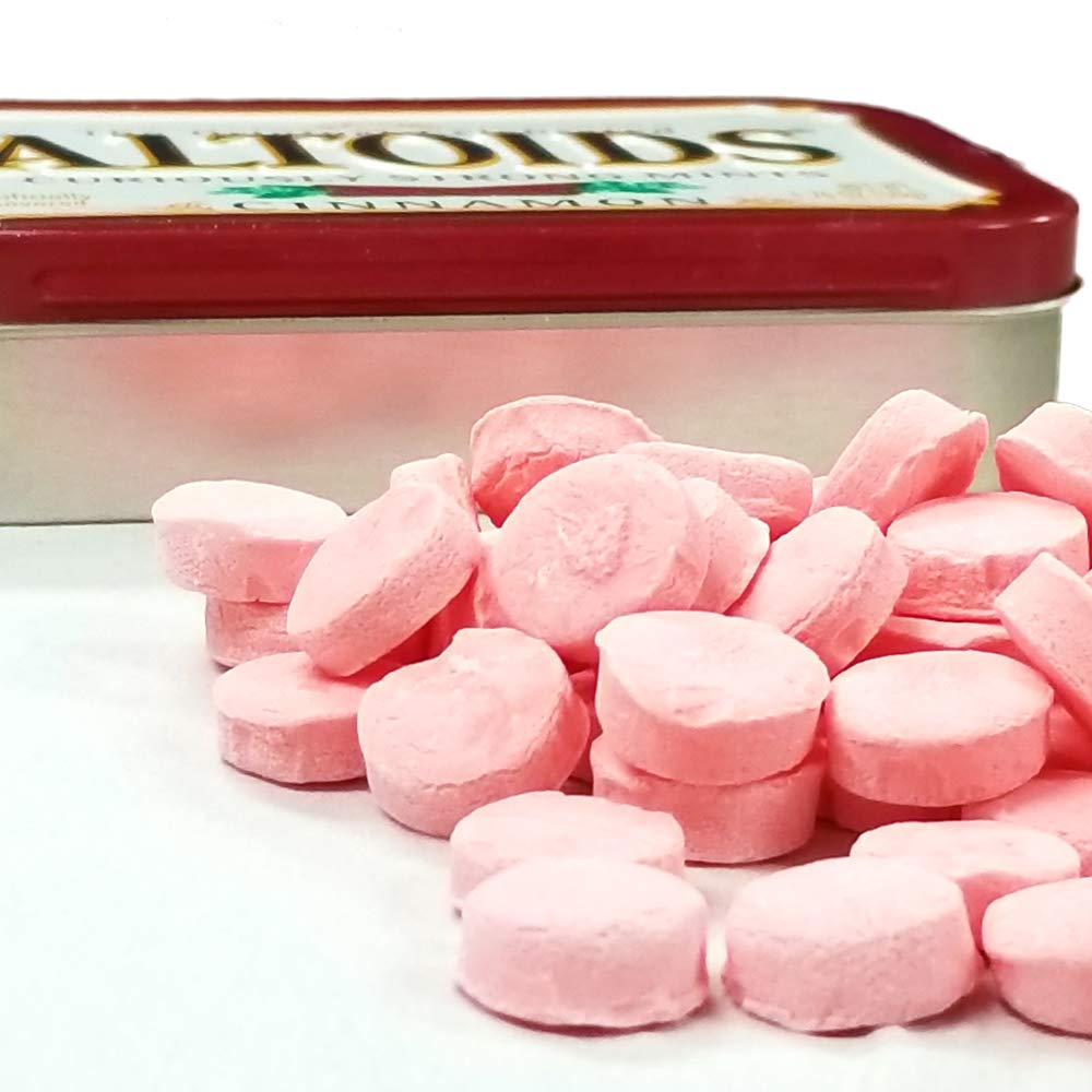 Wrigley's Altoids Cinnamon tin label close-up shows flavor details.