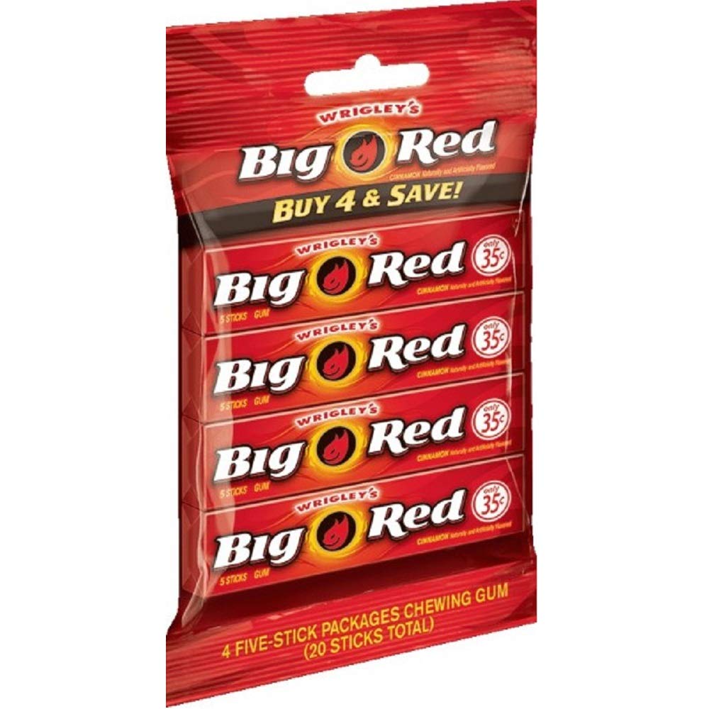 Big Red gum bag showing four packs for on-the-go cinnamon flavor refresh.