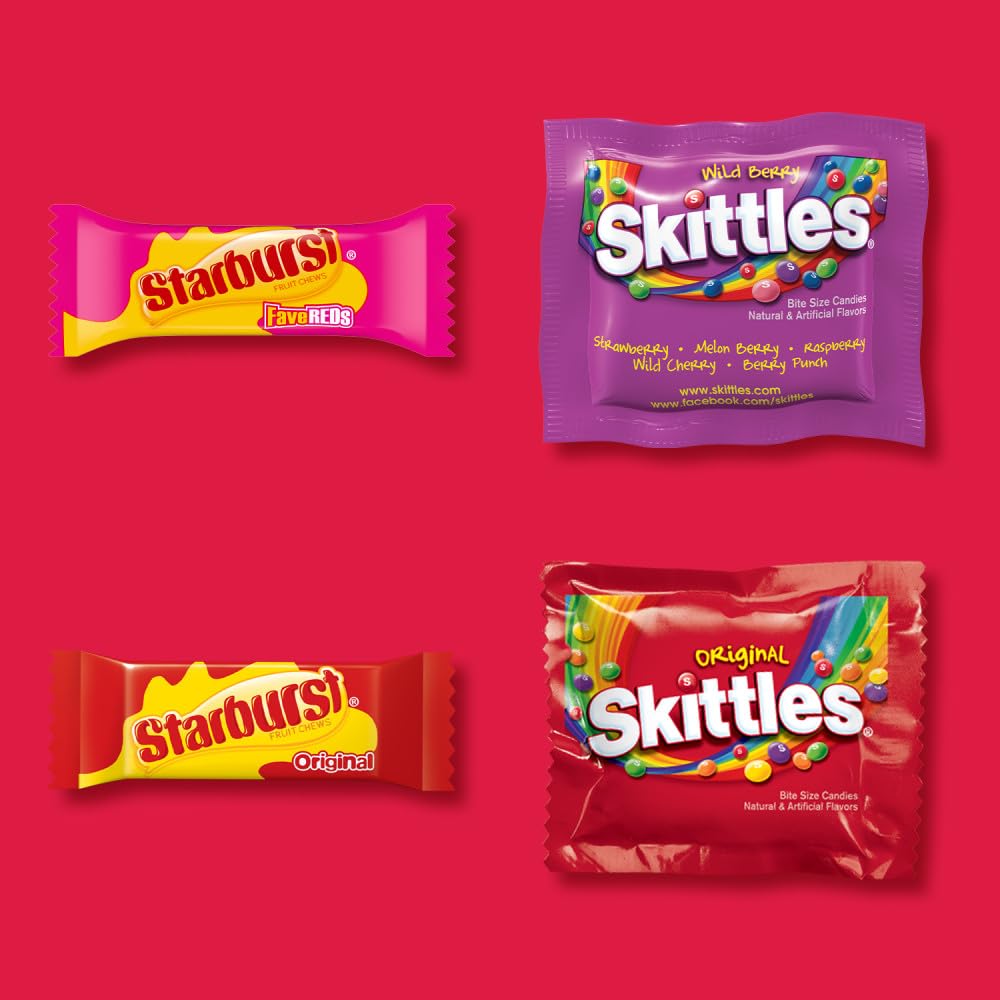 Wrigley's SKITTLES and STARBURST variety bag displayed with bowls for sharing.