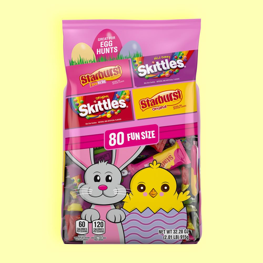 Wrigley's SKITTLES & STARBURST mix close-up, colorful flavors for treats and egg fillers