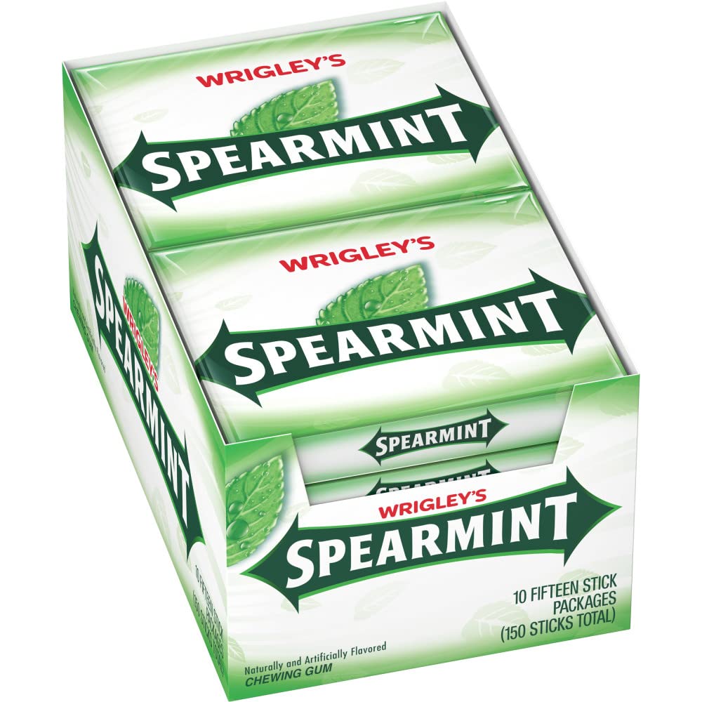 Wrigley's Spearmint gum bulk pack with 15 sticks, ideal for desk or bag freshness.