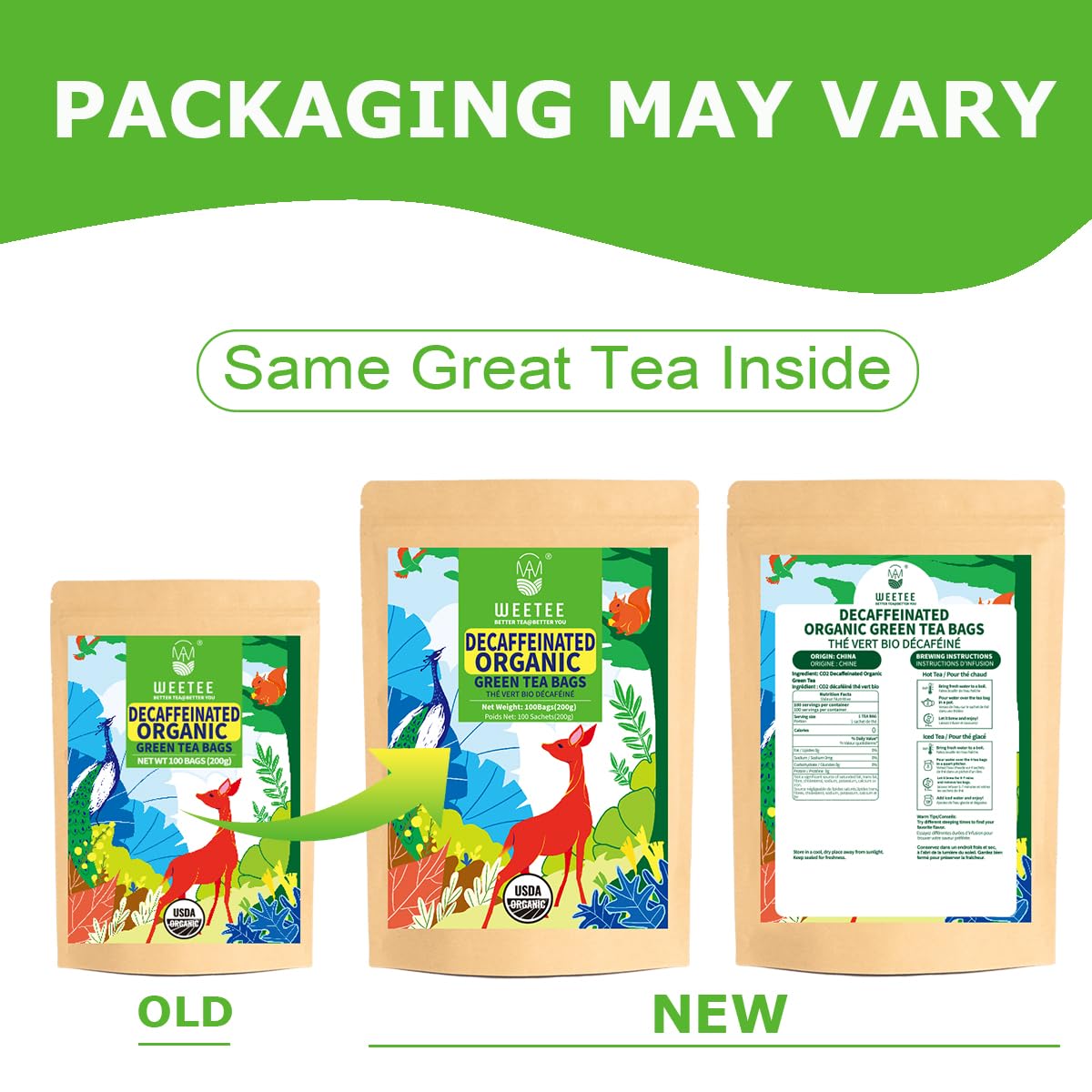 CO2-decaffeinated WT WEETEE green tea bags preserve flavor, ideal for evening tea.