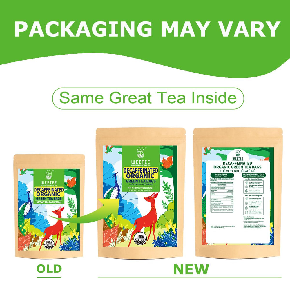 CO2-decaffeinated WT WEETEE green tea bags preserve flavor, ideal for evening tea.