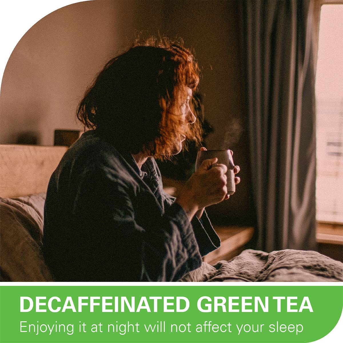 WT WEETEE Green Tea Bags in cup; decaf option for any time of day.