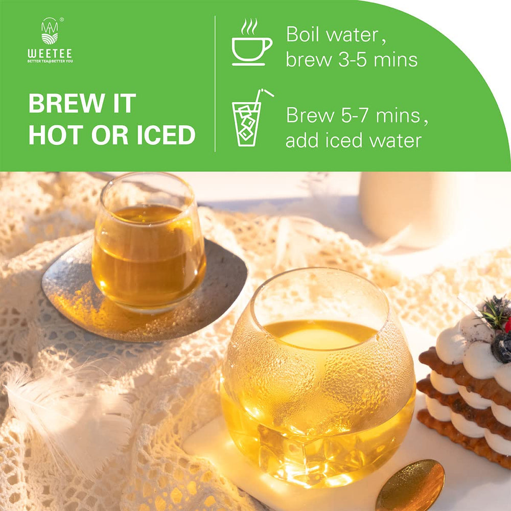 WT WEETEE packaging details show unbleached, compostable tea bags.