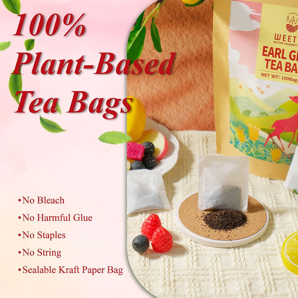 Eco-friendly WT WEETEE packaging: unbleached tea bags in a resealable kraft bag.