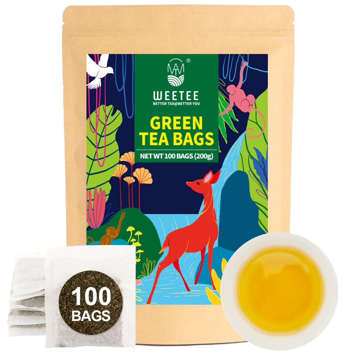 WT WEETEE Green Tea Bags in kraft packaging, eco-friendly and easy to store.