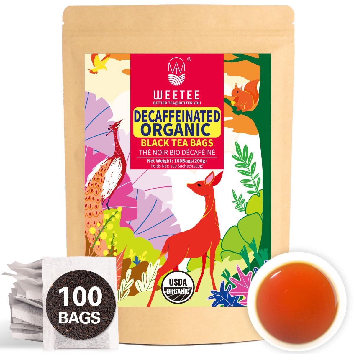 WT WEETEE Organic Decaf Black Tea Bags packaging in recyclable kraft bag for eco-friendly storage.