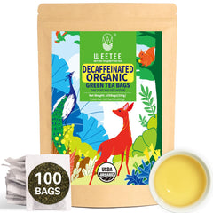 WT WEETEE Organic Decaf Green Tea Bags in kraft packaging; low caffeine option for all-day sipping.