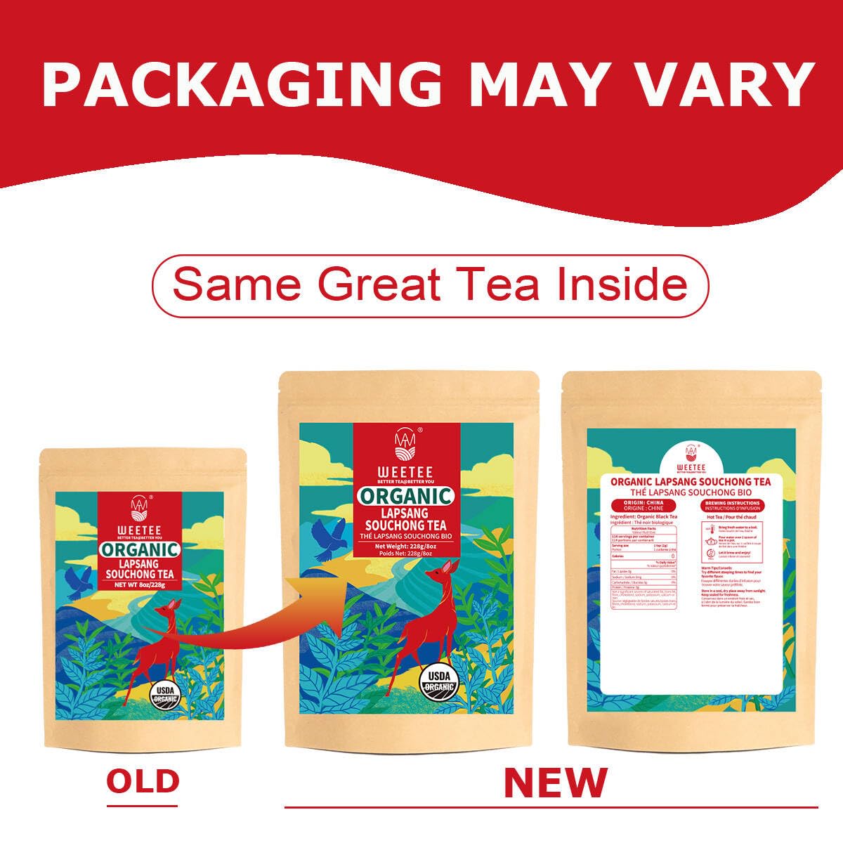WT WEETEE organic smoky tea pack showing natural ingredients