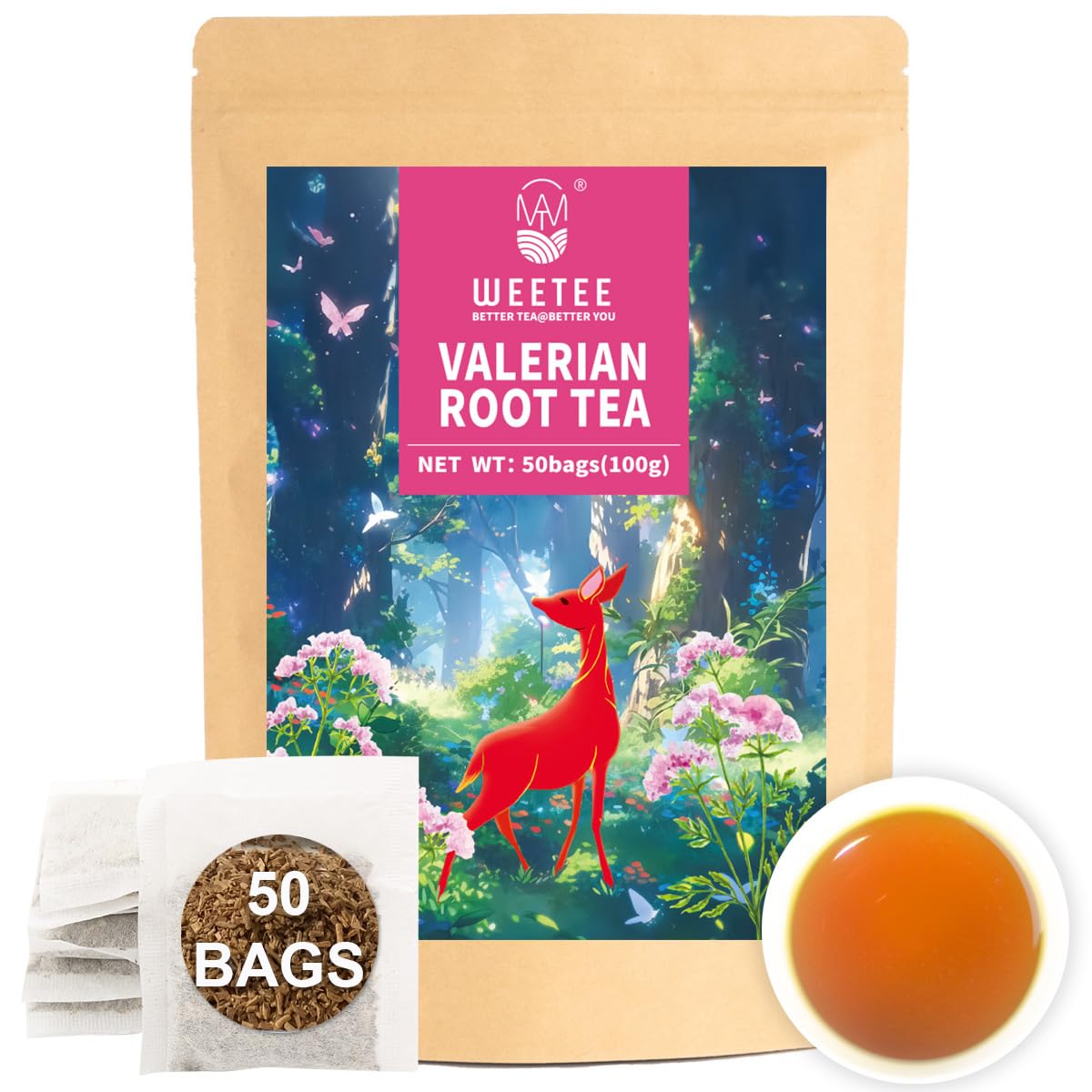 WT WEETEE Valerian root tea bag front view for a calming ritual