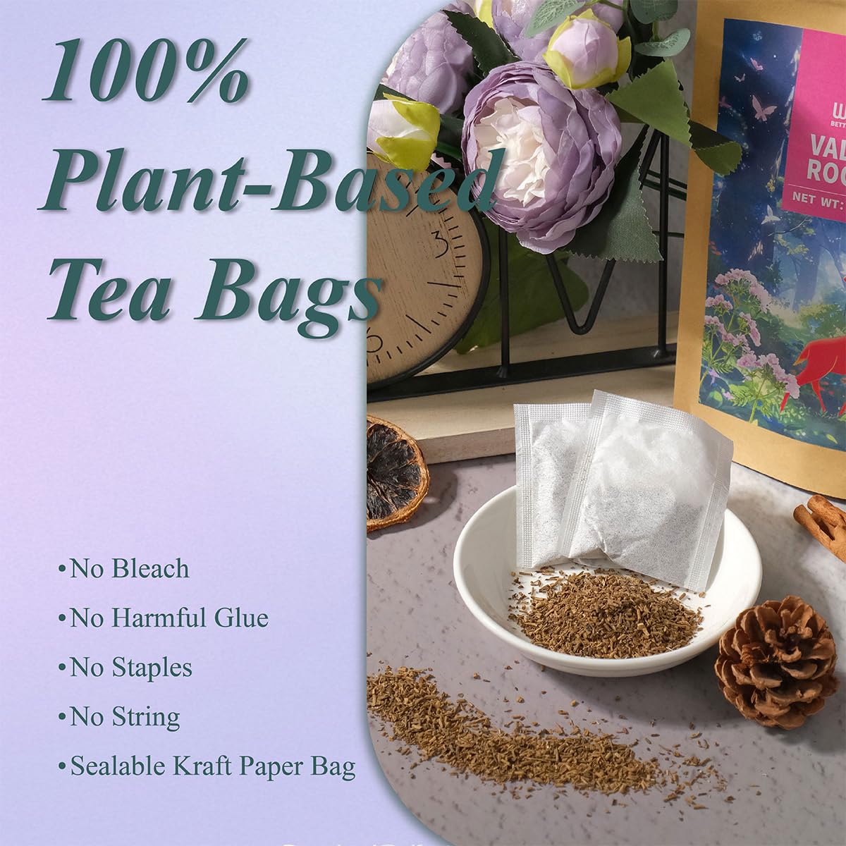 WT WEETEE Valerian root tea cup steeping suggests a relaxing bedtime moment