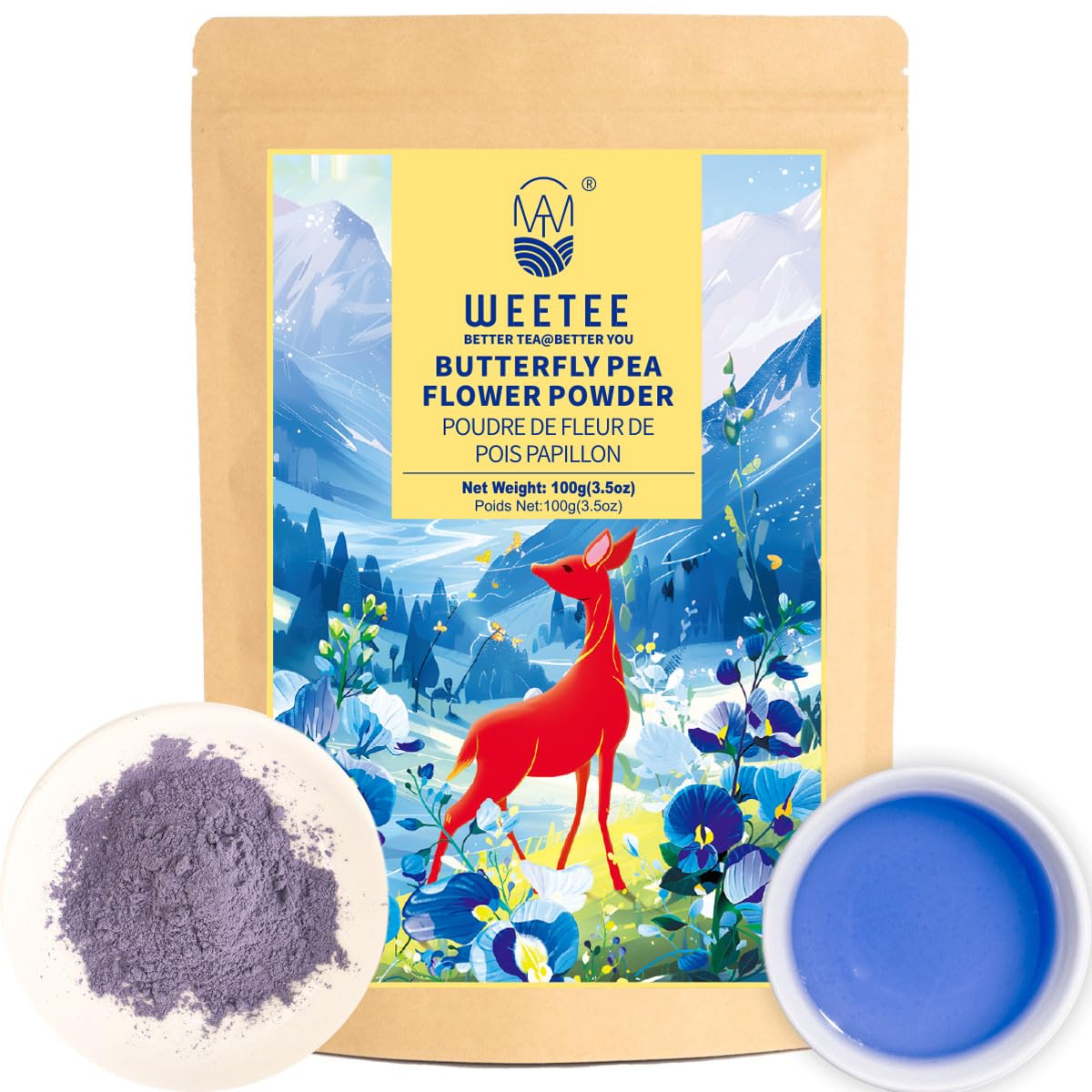 WT WEETEE butterfly pea powder bottle shows pure ingredients for color-rich drinks