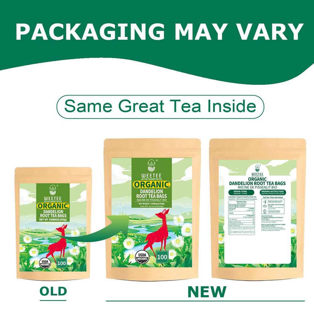 WT WEETEE dandelion tea bag closeup shows natural ingredients and quality.