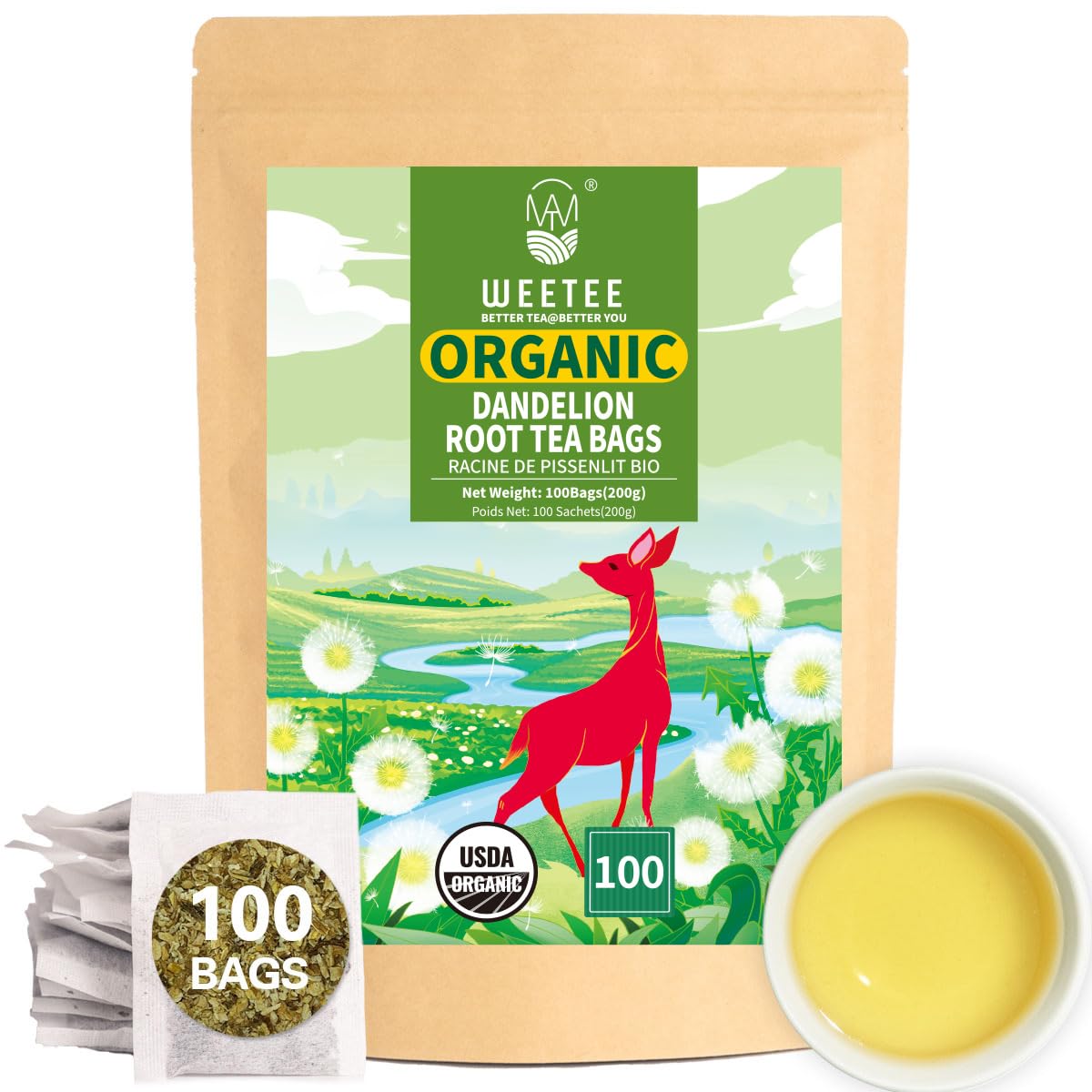 WT WEETEE dandelion tea packshot highlights premium organic roots for daily herbal tea.