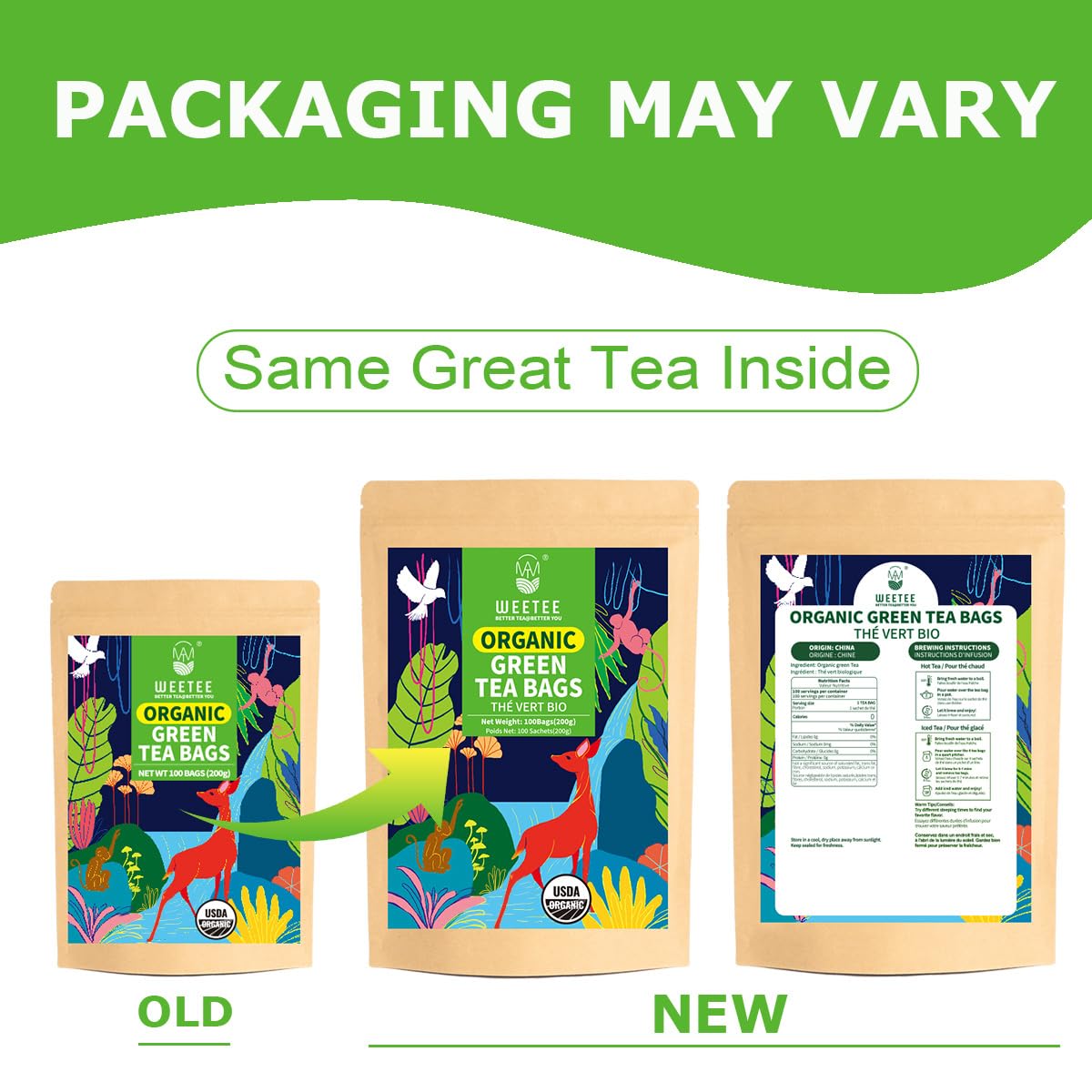WT WEETEE organic green tea bags displayed in unbleached kraft bag