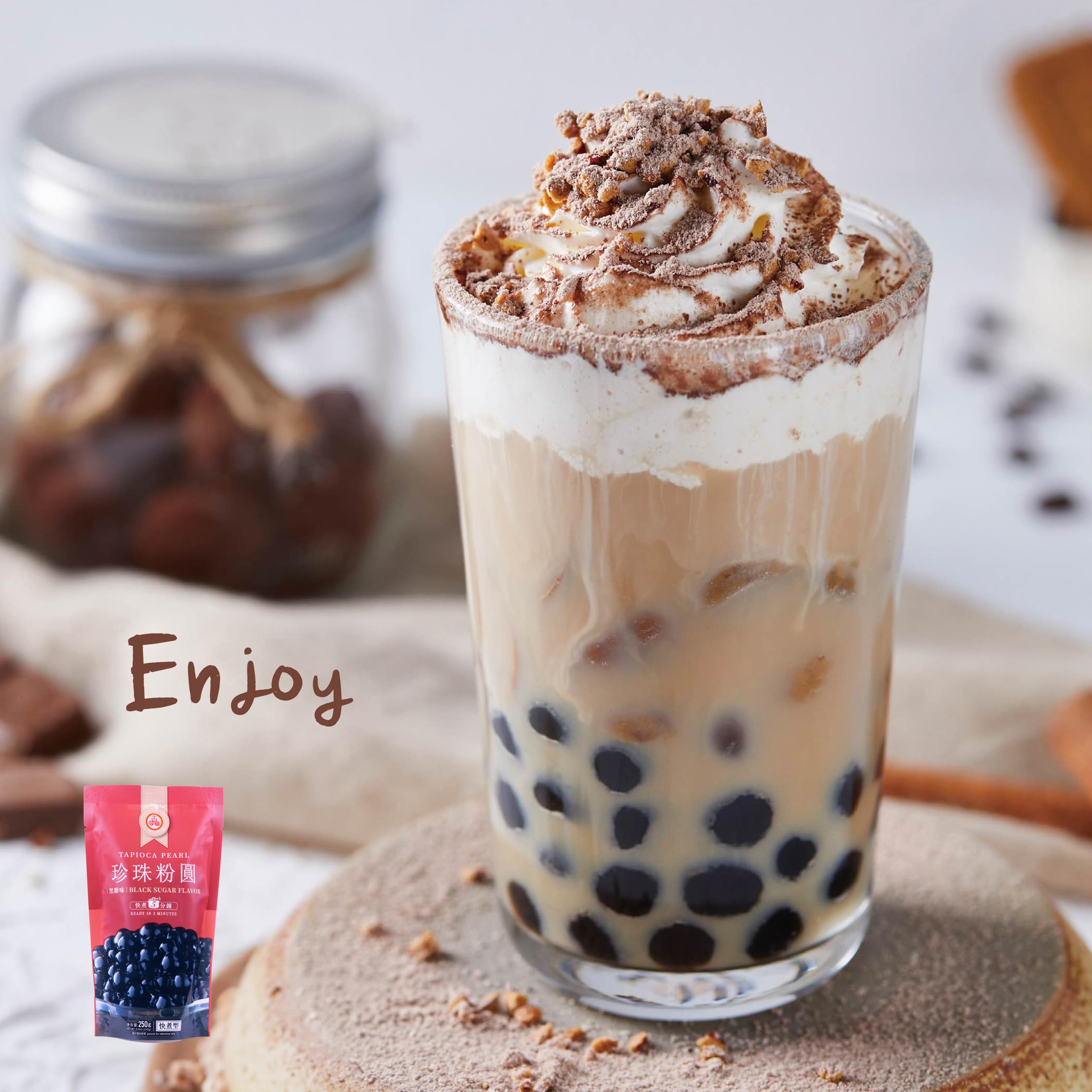 WuFuYuan boba pearls shown in a cup, ready to serve bubble tea