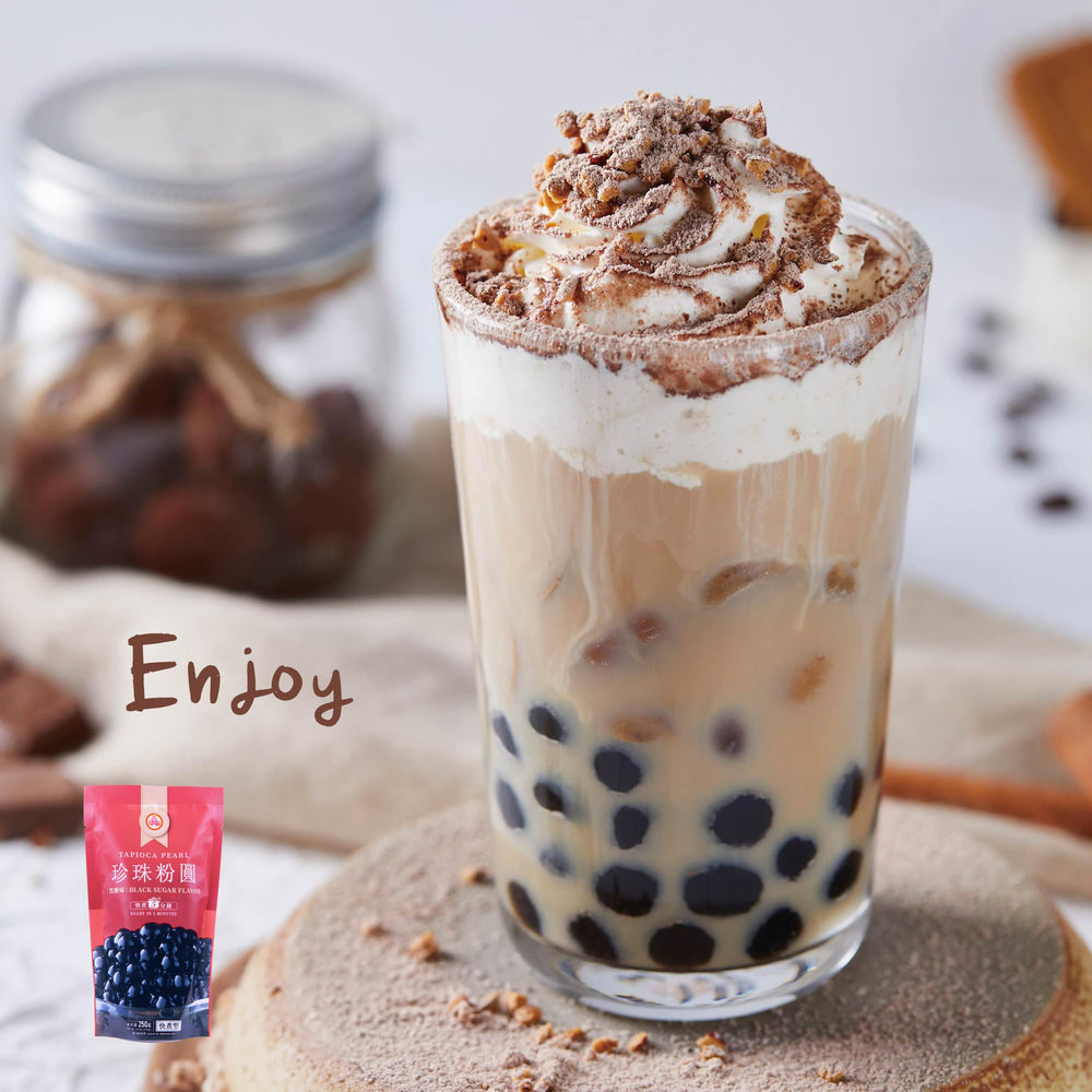 WuFuYuan boba pearls shown in a cup, ready to serve bubble tea
