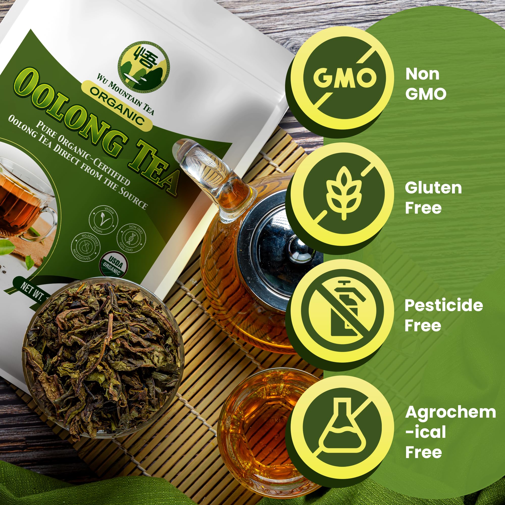 Wu Mountain Tea hot brew in a cup with smooth flavor and subtle sweetness.
