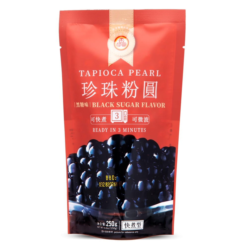 WuFuYuan Boba pearls in black sugar flavor microwave-ready for quick drinks.